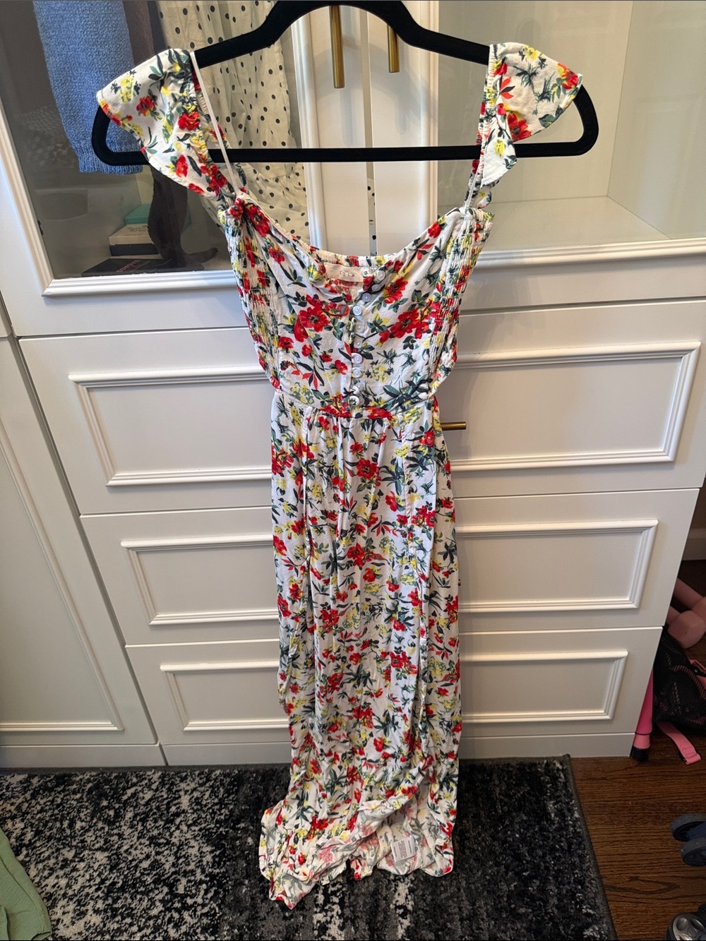 Lush White Midi Dress with Red Floral Print